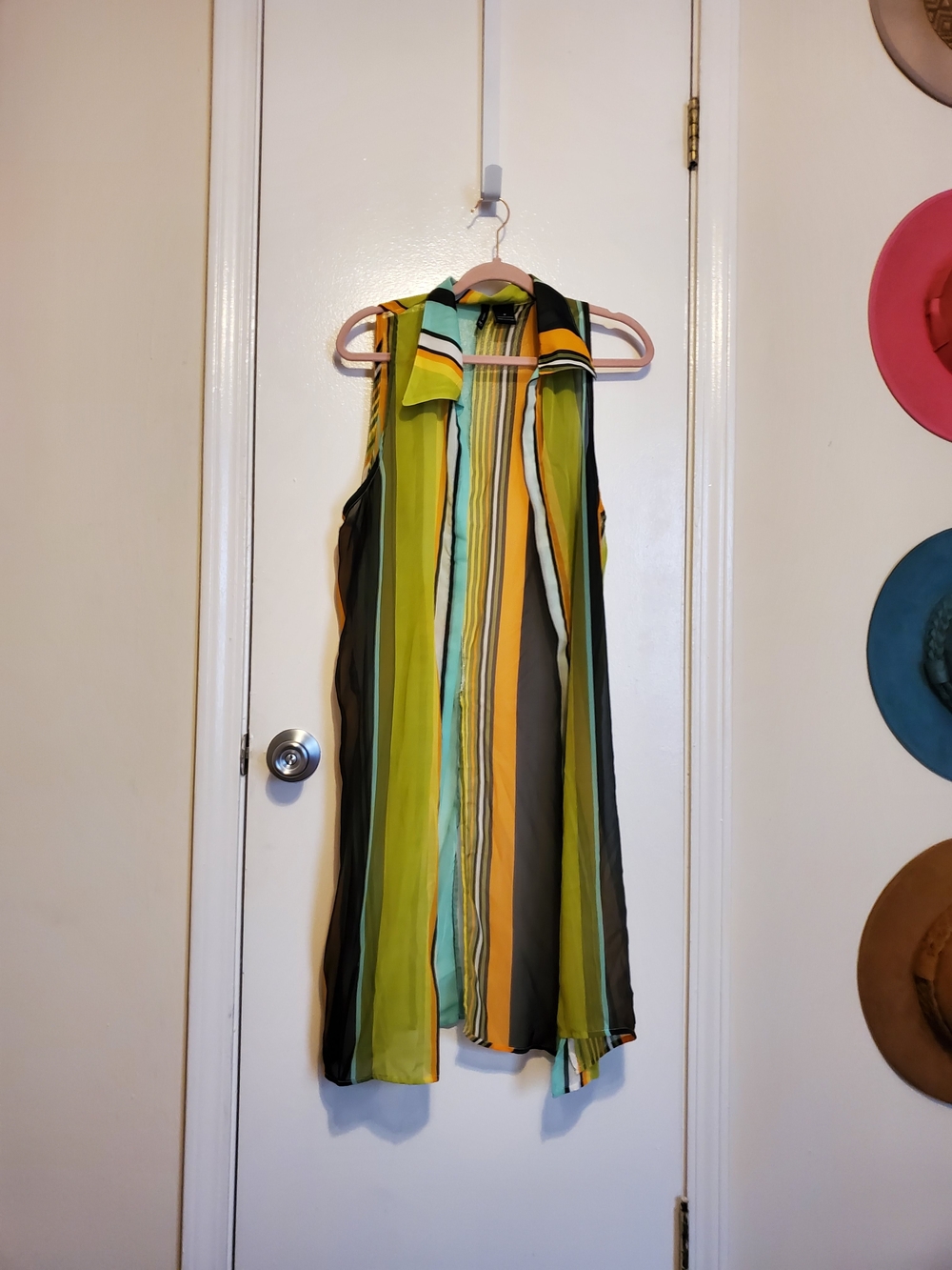 new directions Sleeveless Vertical Stripe Tunic in Green, Yellow and Black
